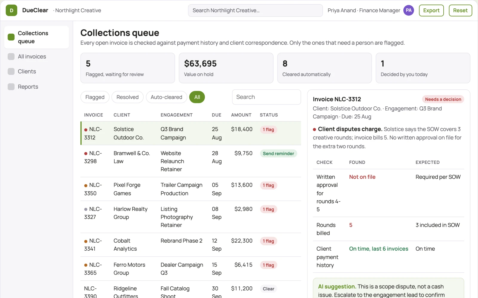 Screenshot of the Accounts receivable assistant interactive demo