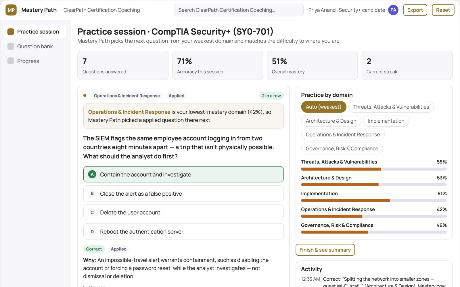 Screenshot of the Adaptive exam practice platform interactive demo