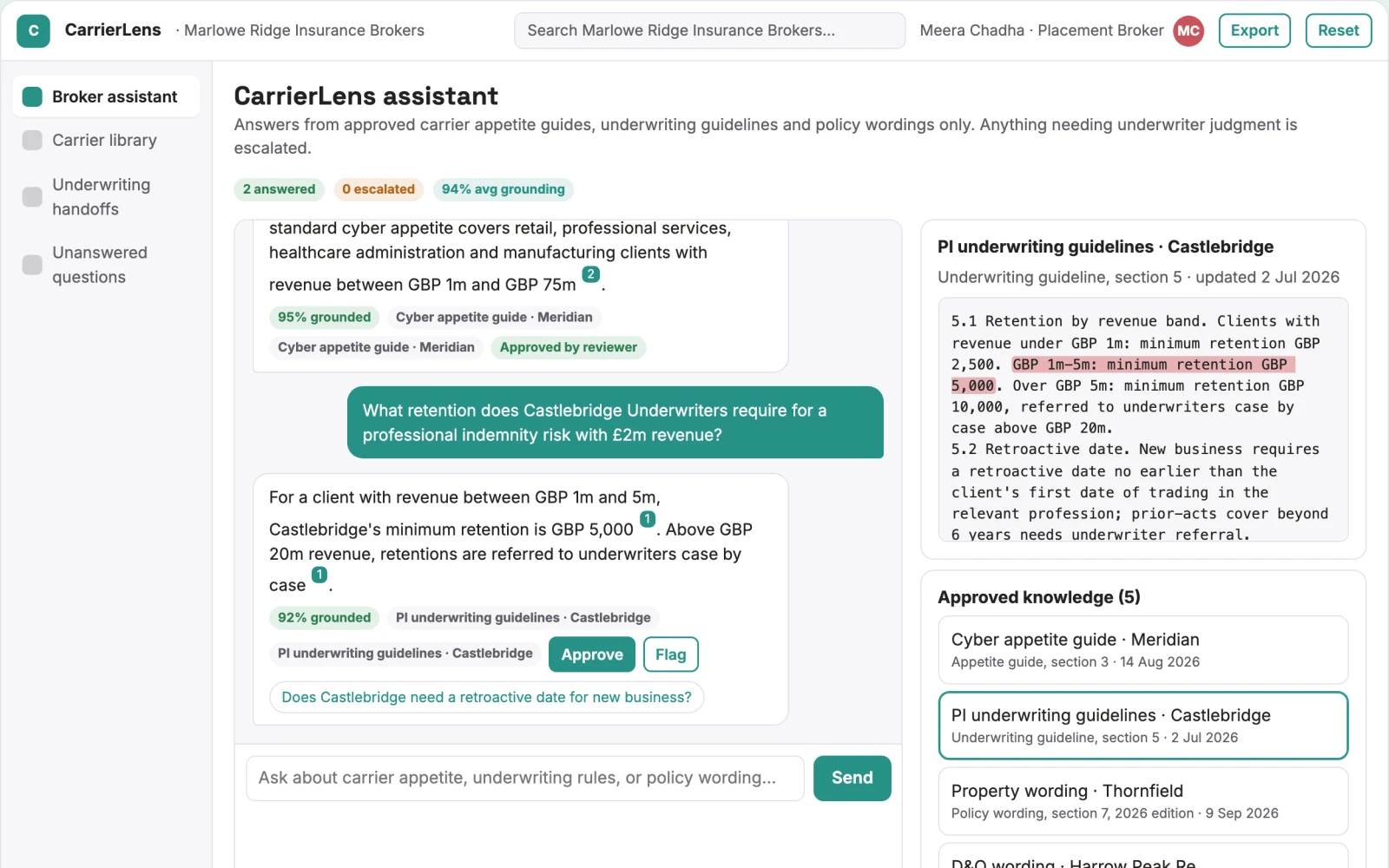 Screenshot of the Broker knowledge assistant interactive demo