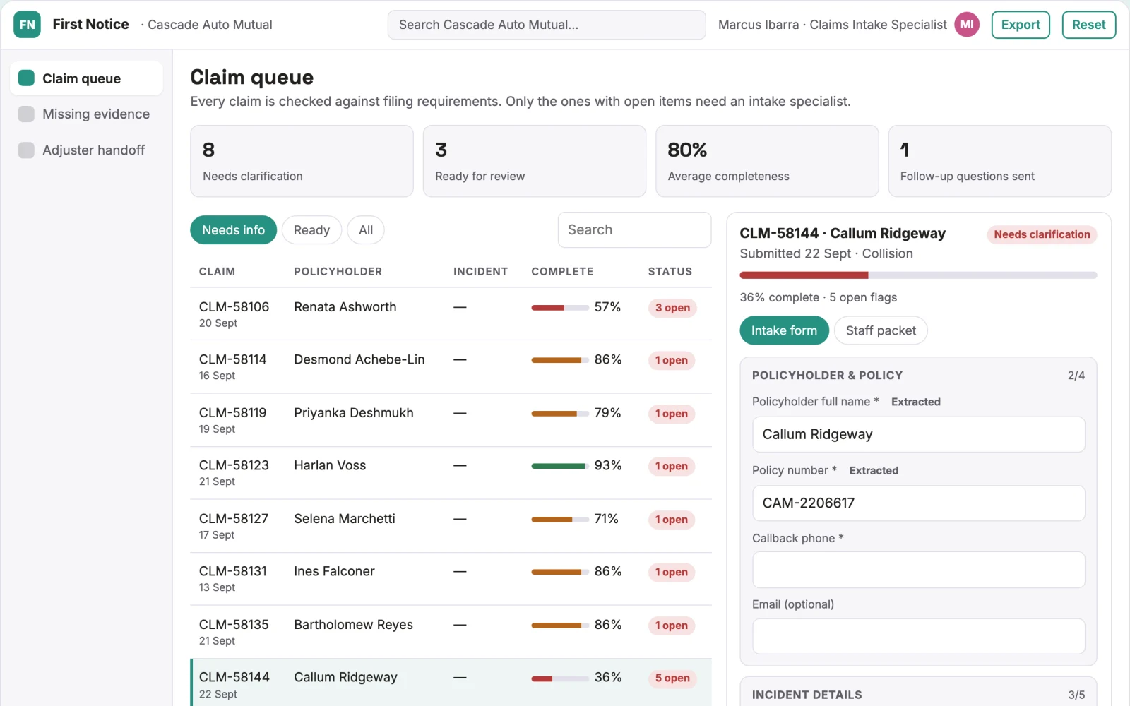 Screenshot of the Claims intake assistant interactive demo
