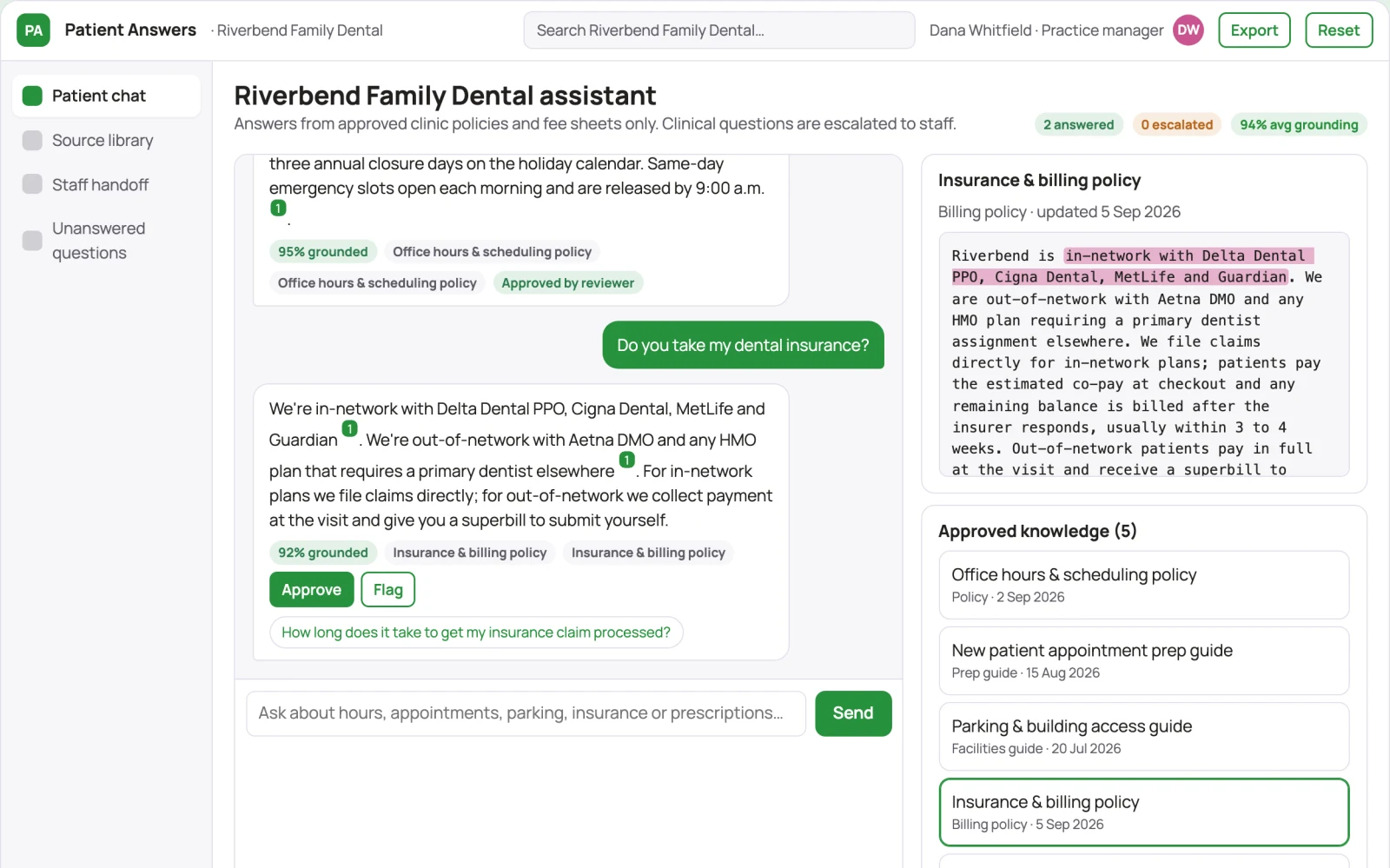 Screenshot of the Clinic information assistant interactive demo