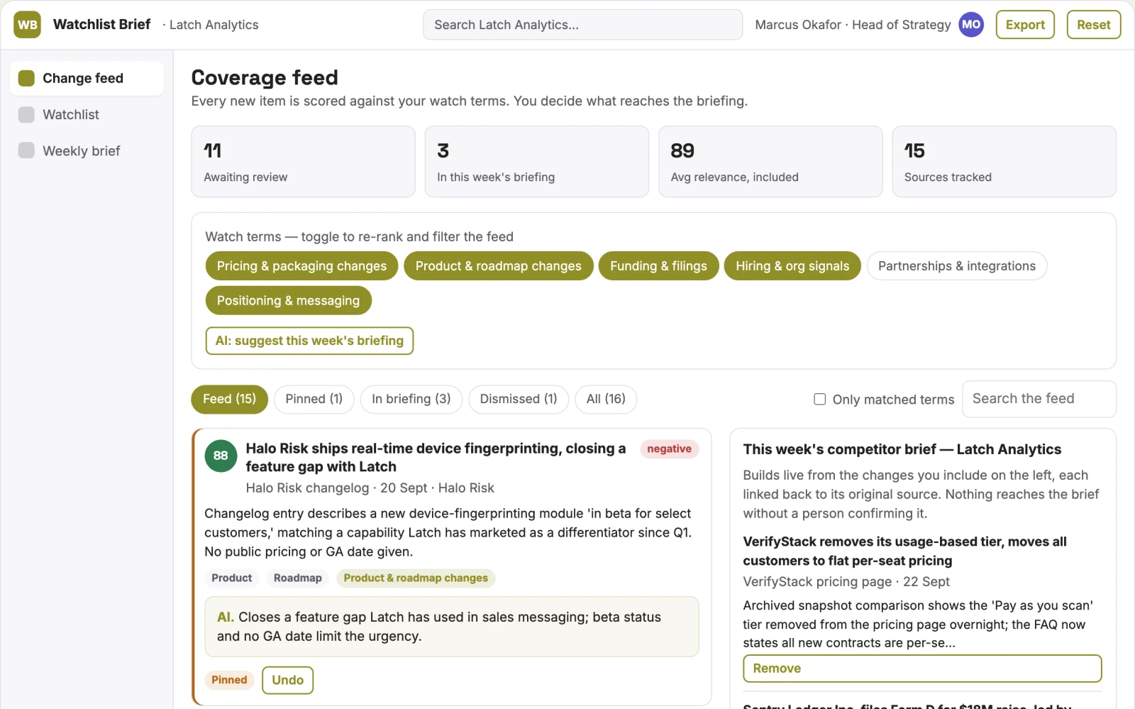 Screenshot of the Competitor intelligence subscription interactive demo