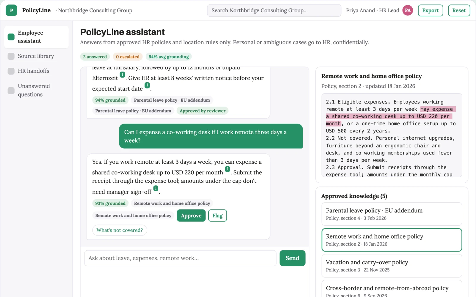 Screenshot of the Employee policy assistant interactive demo