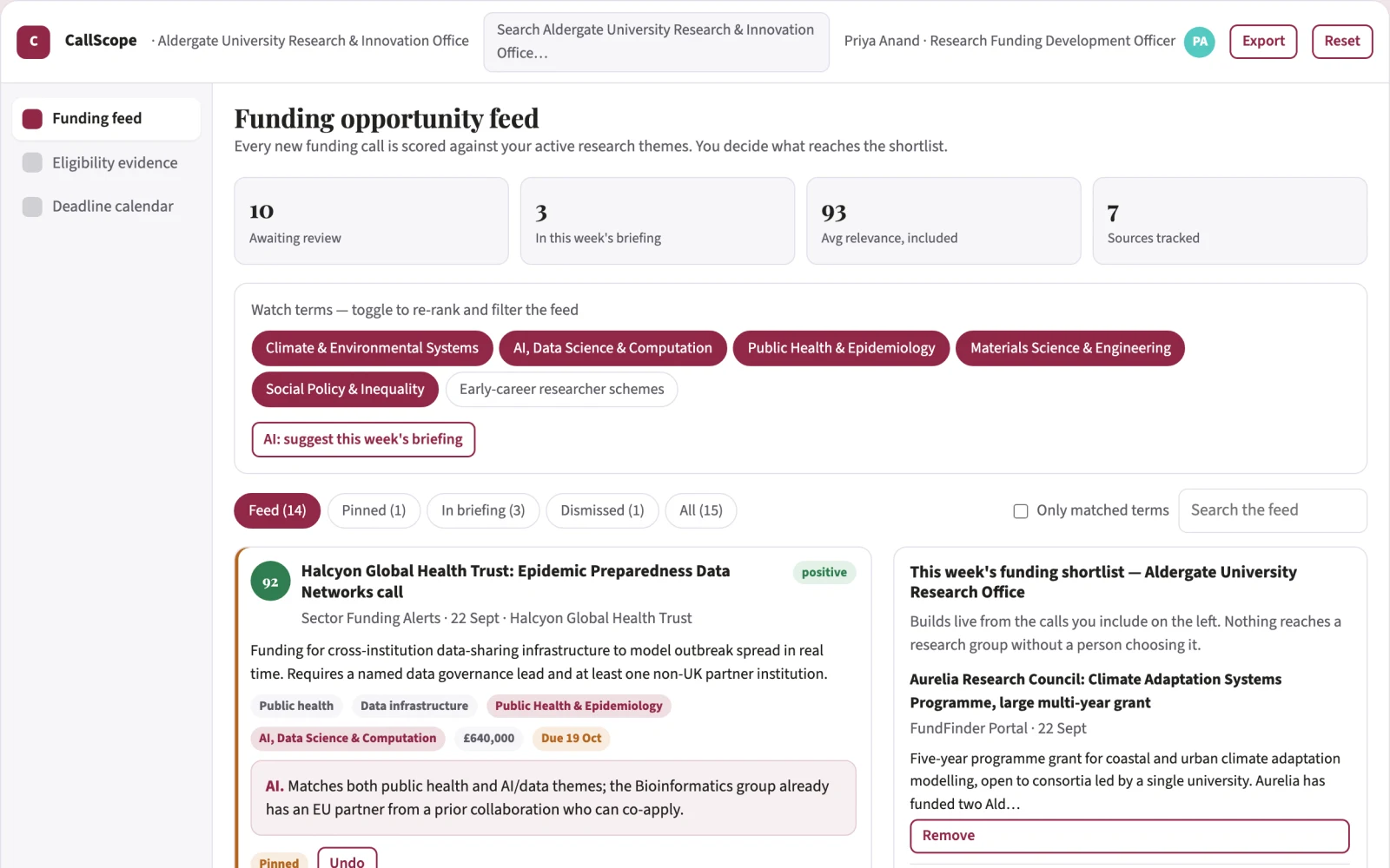 Screenshot of the Grant opportunity matching interactive demo