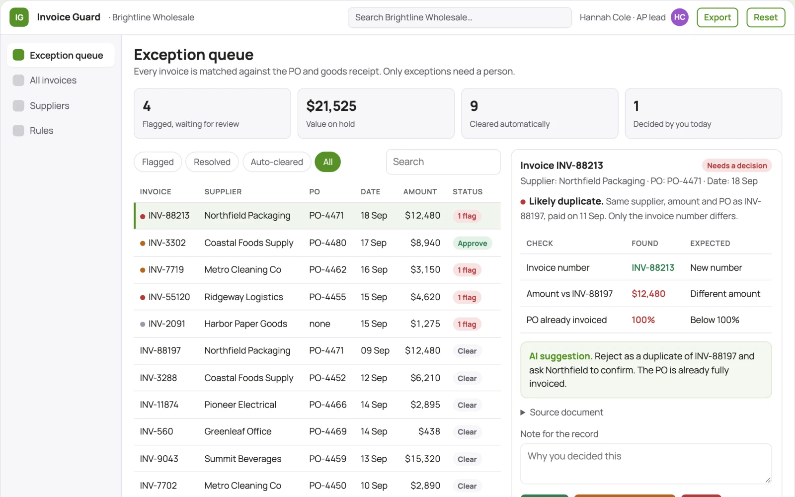 Screenshot of the Invoice exception detector interactive demo