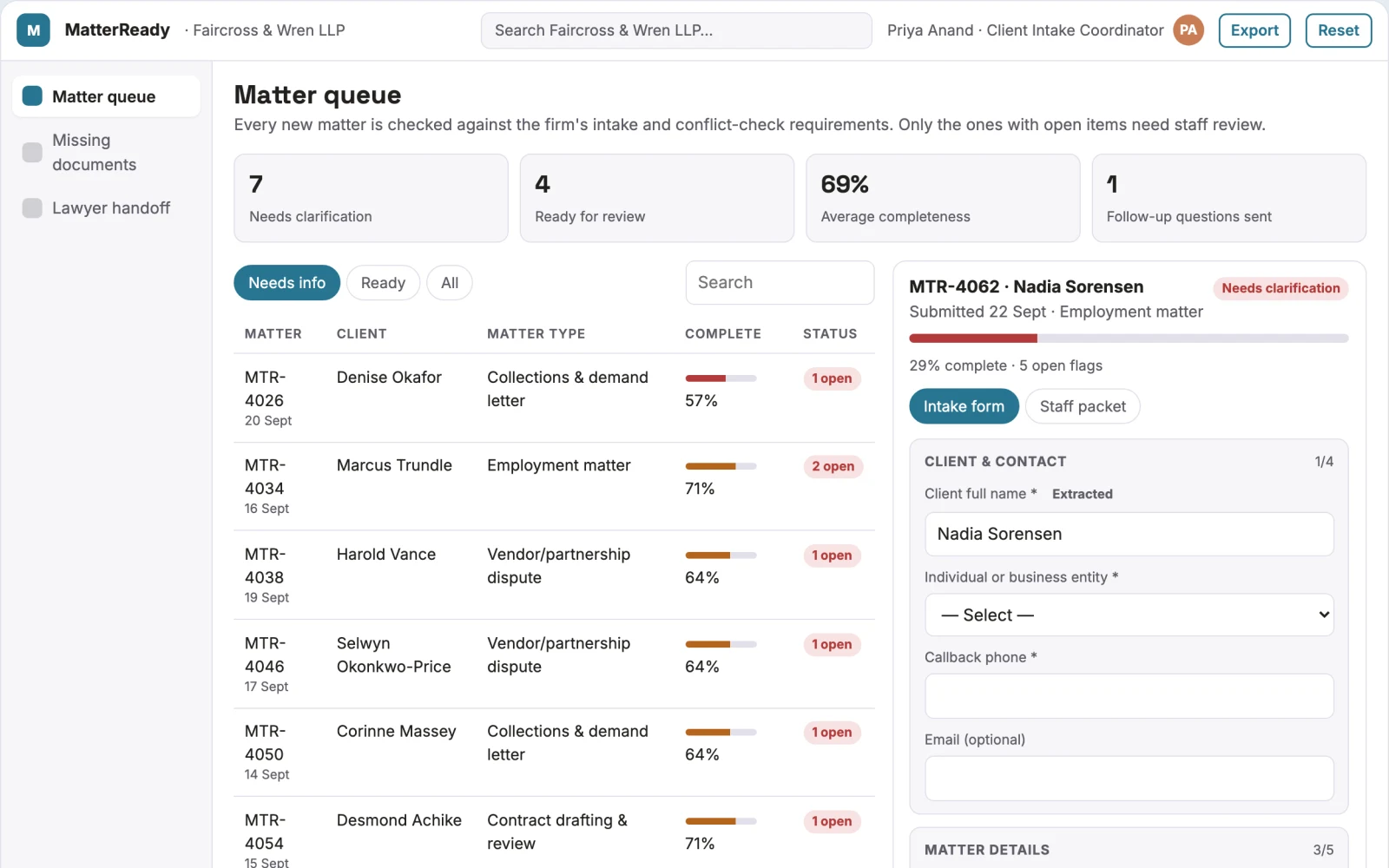 Screenshot of the Legal client intake assistant interactive demo
