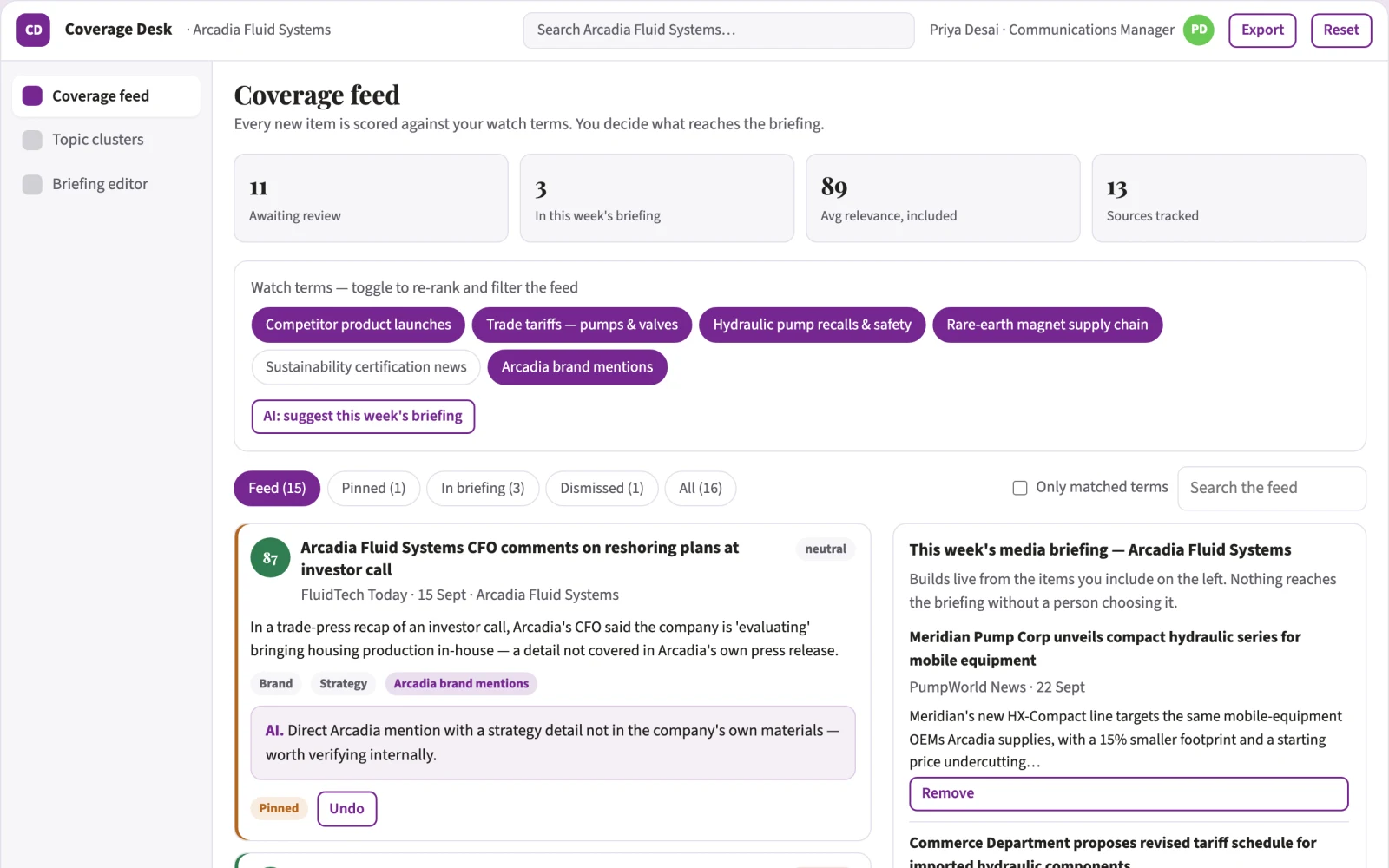 Screenshot of the Media monitoring briefs interactive demo