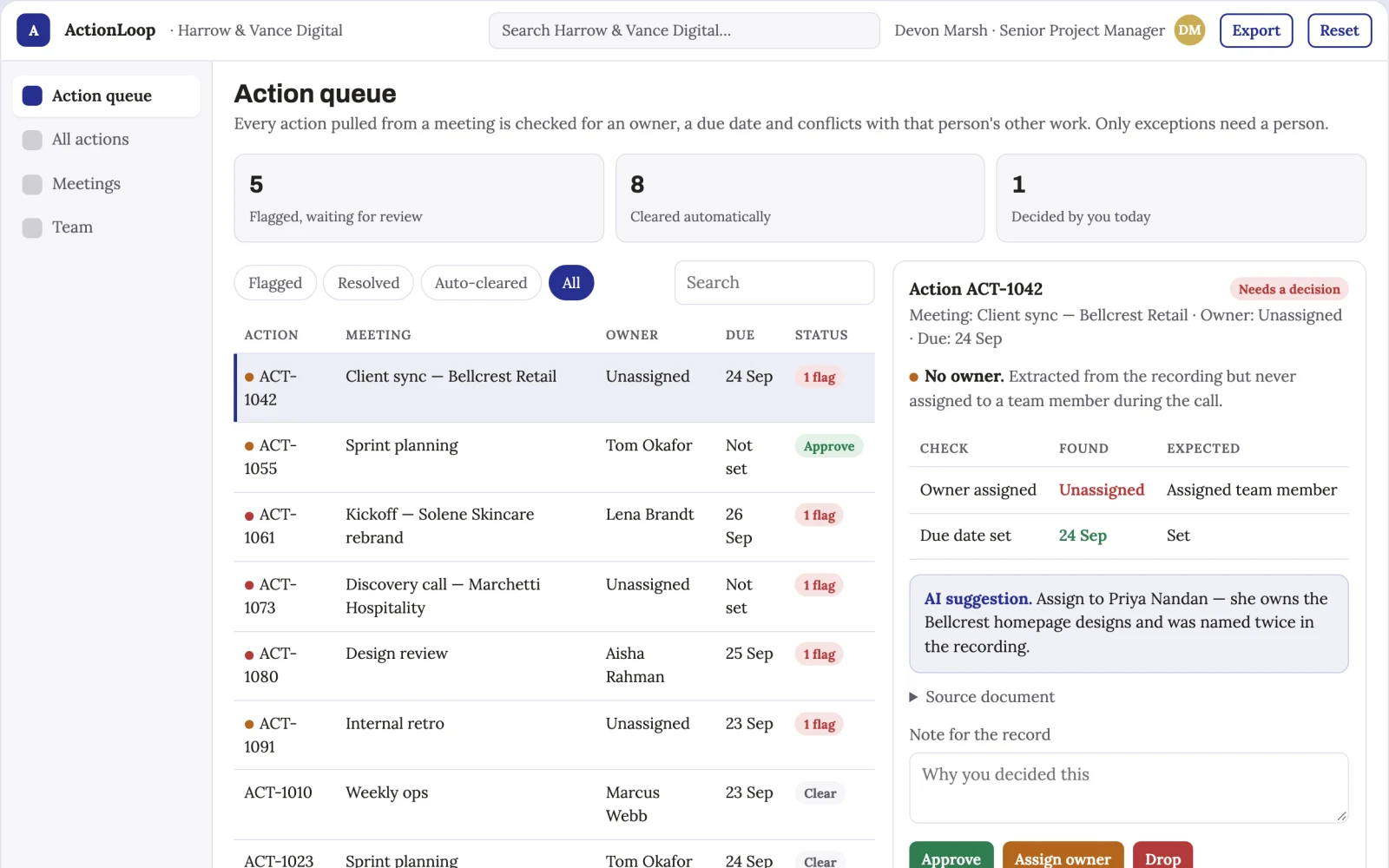 Screenshot of the Meeting action coordinator interactive demo