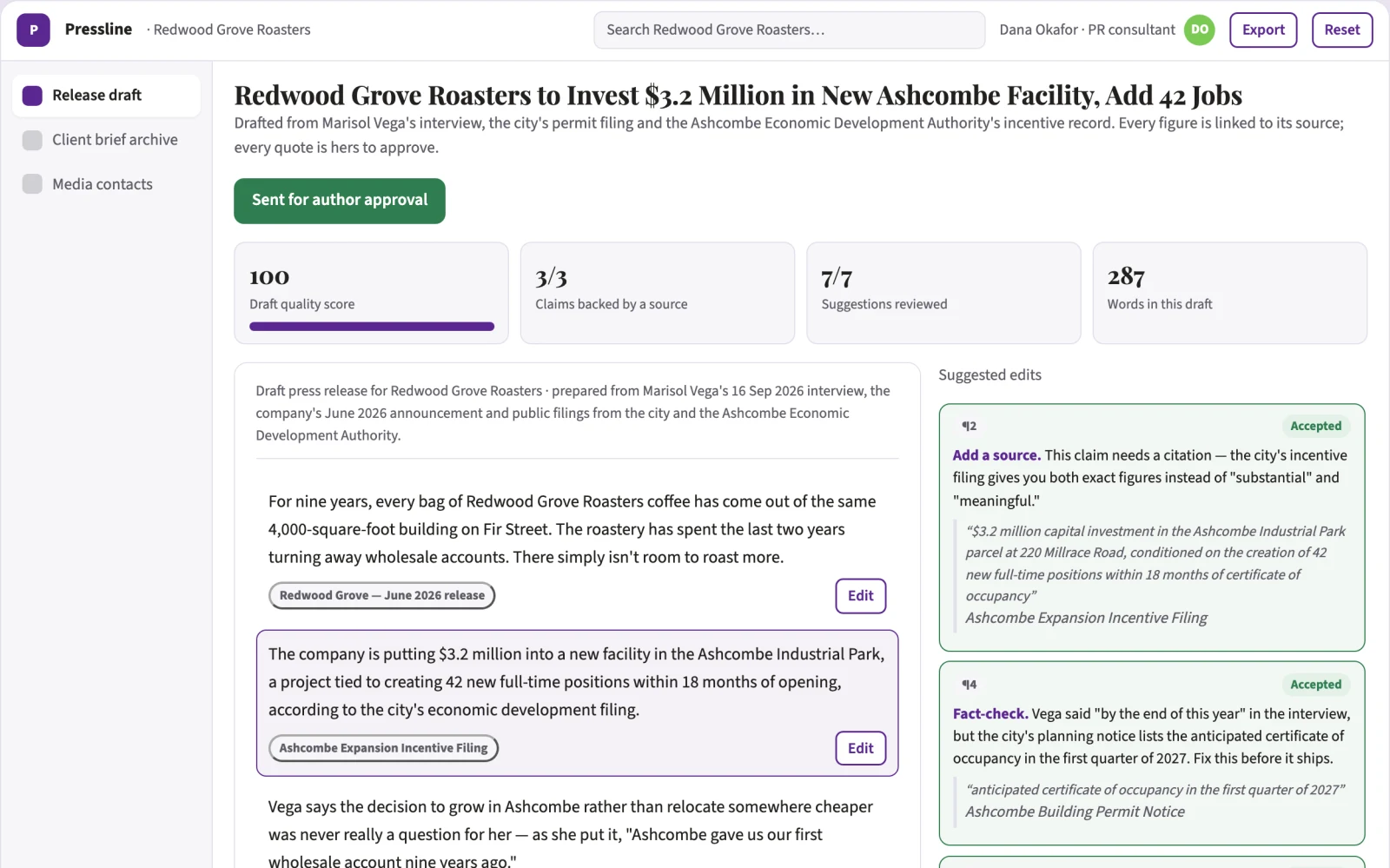Screenshot of the Press release drafting studio interactive demo