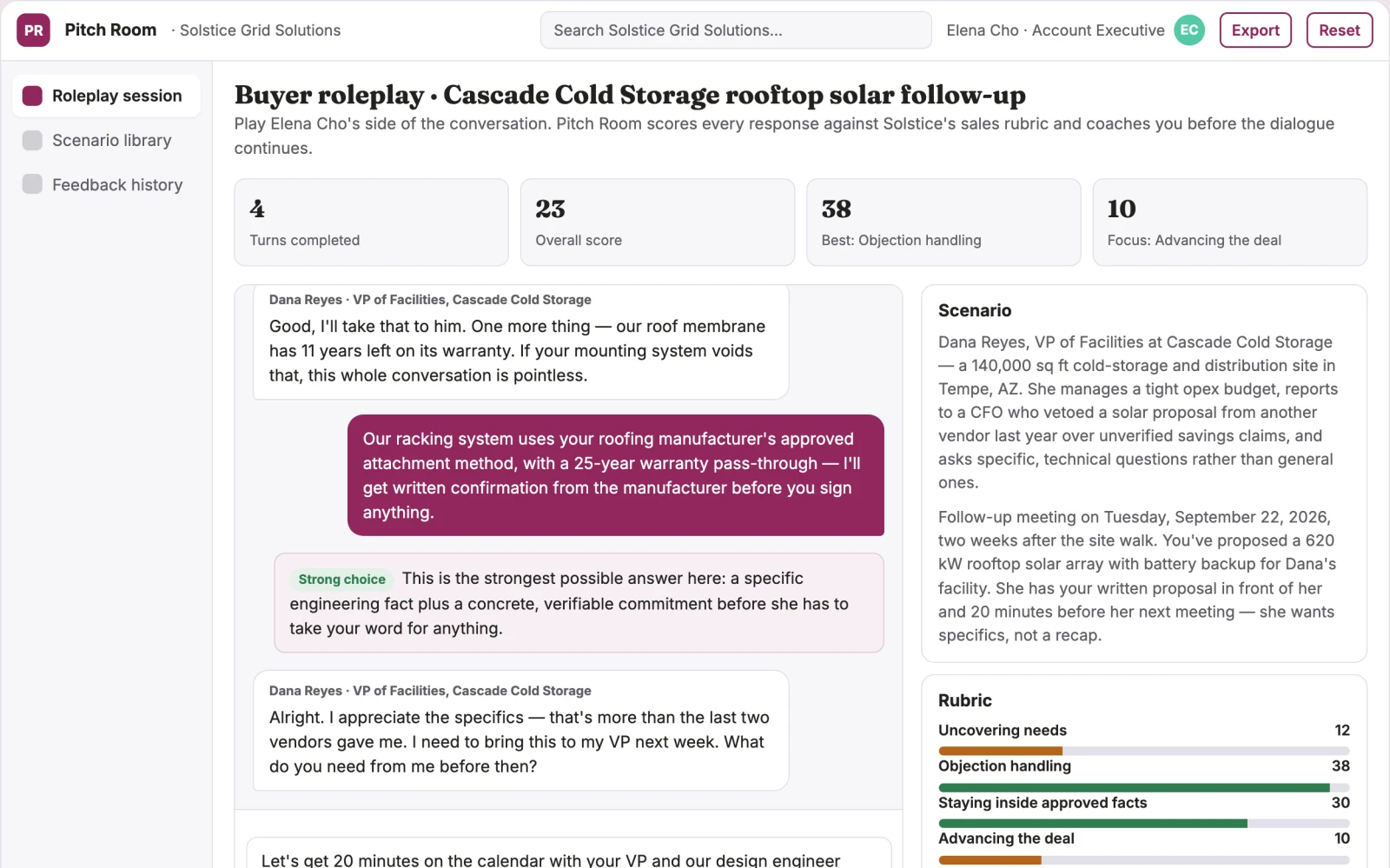 Screenshot of the Sales roleplay simulator interactive demo