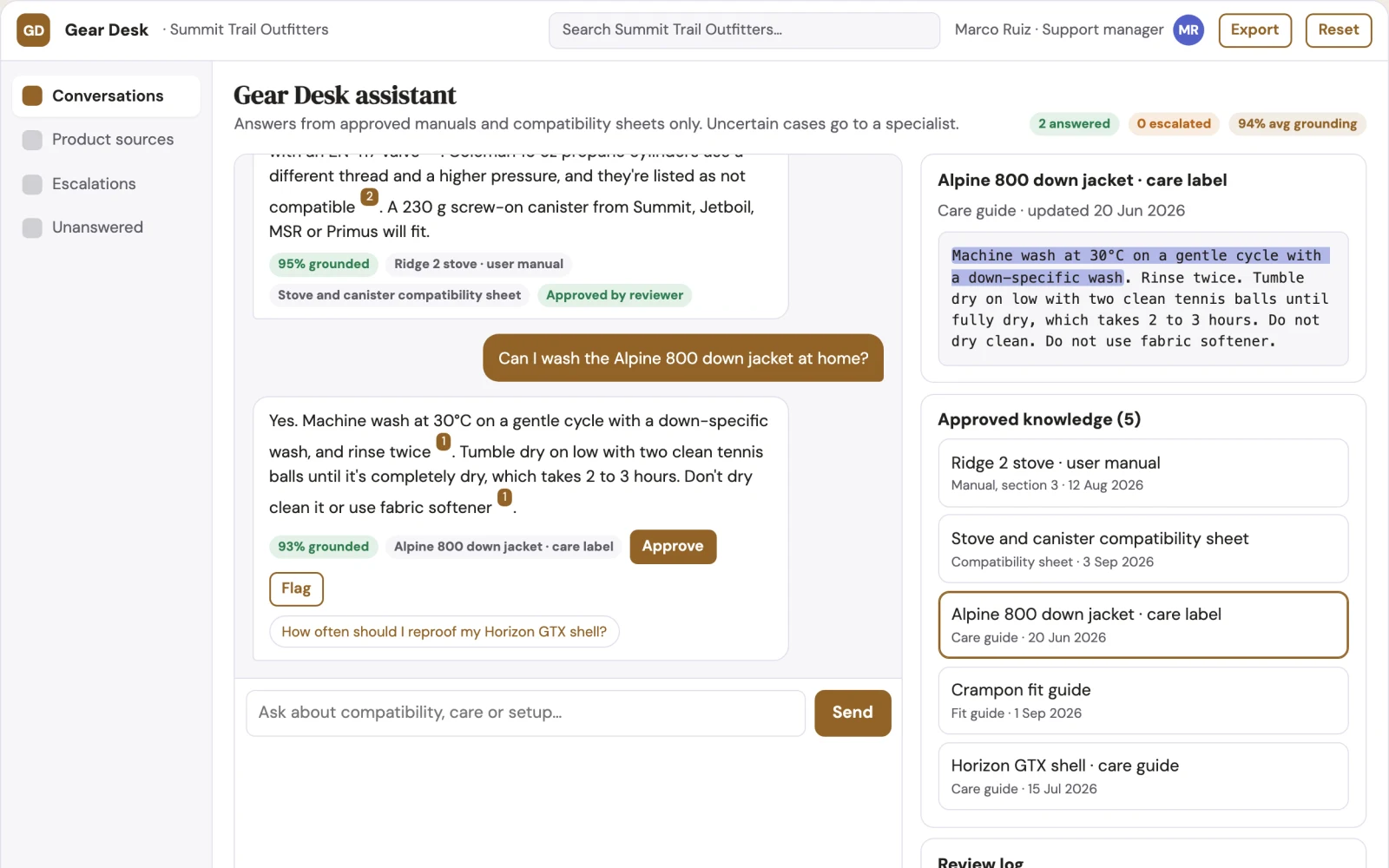 Screenshot of the Specialist support assistant interactive demo