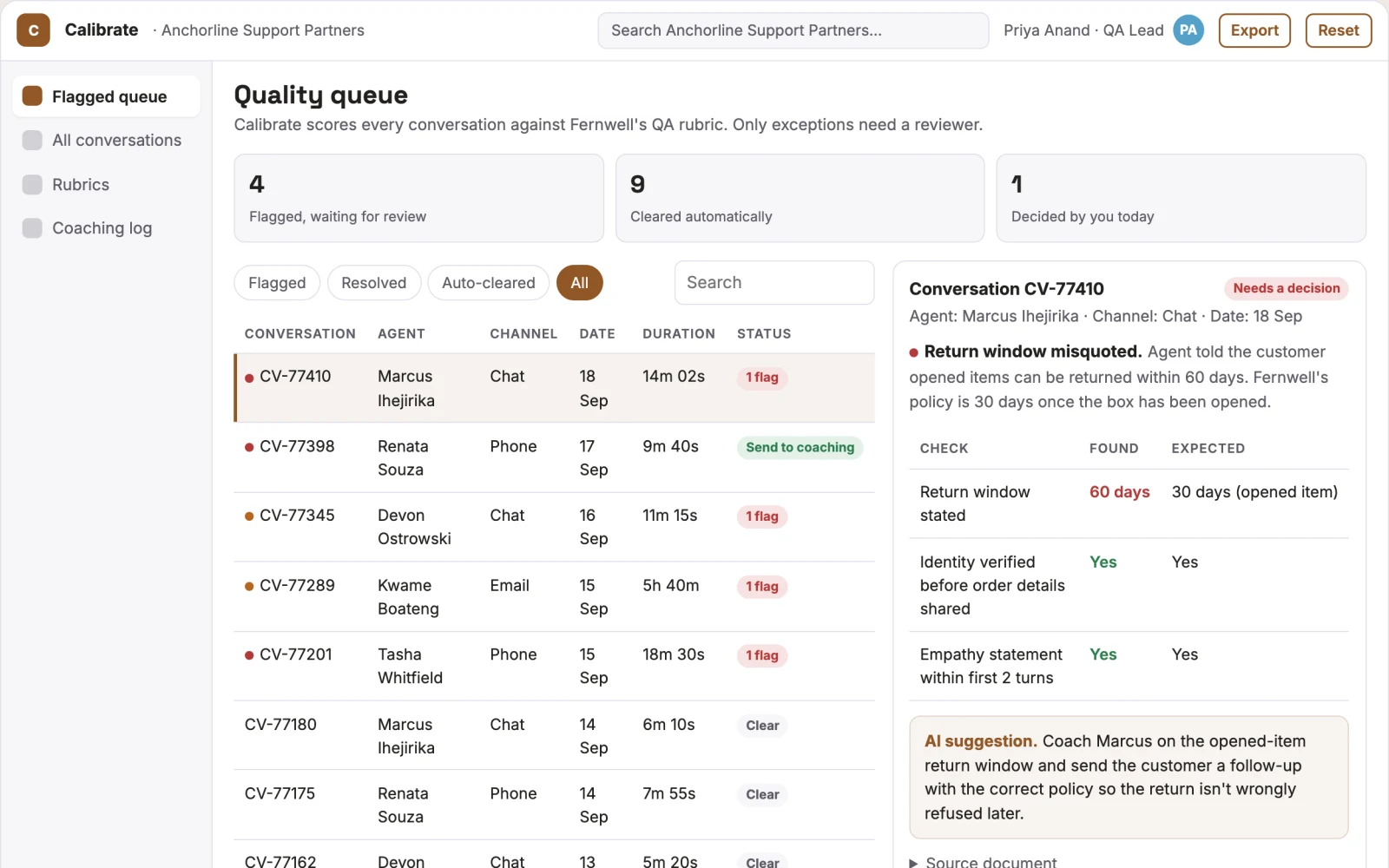 Screenshot of the Support quality auditor interactive demo