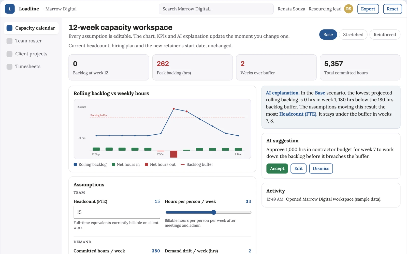 Screenshot of the Team capacity planner interactive demo
