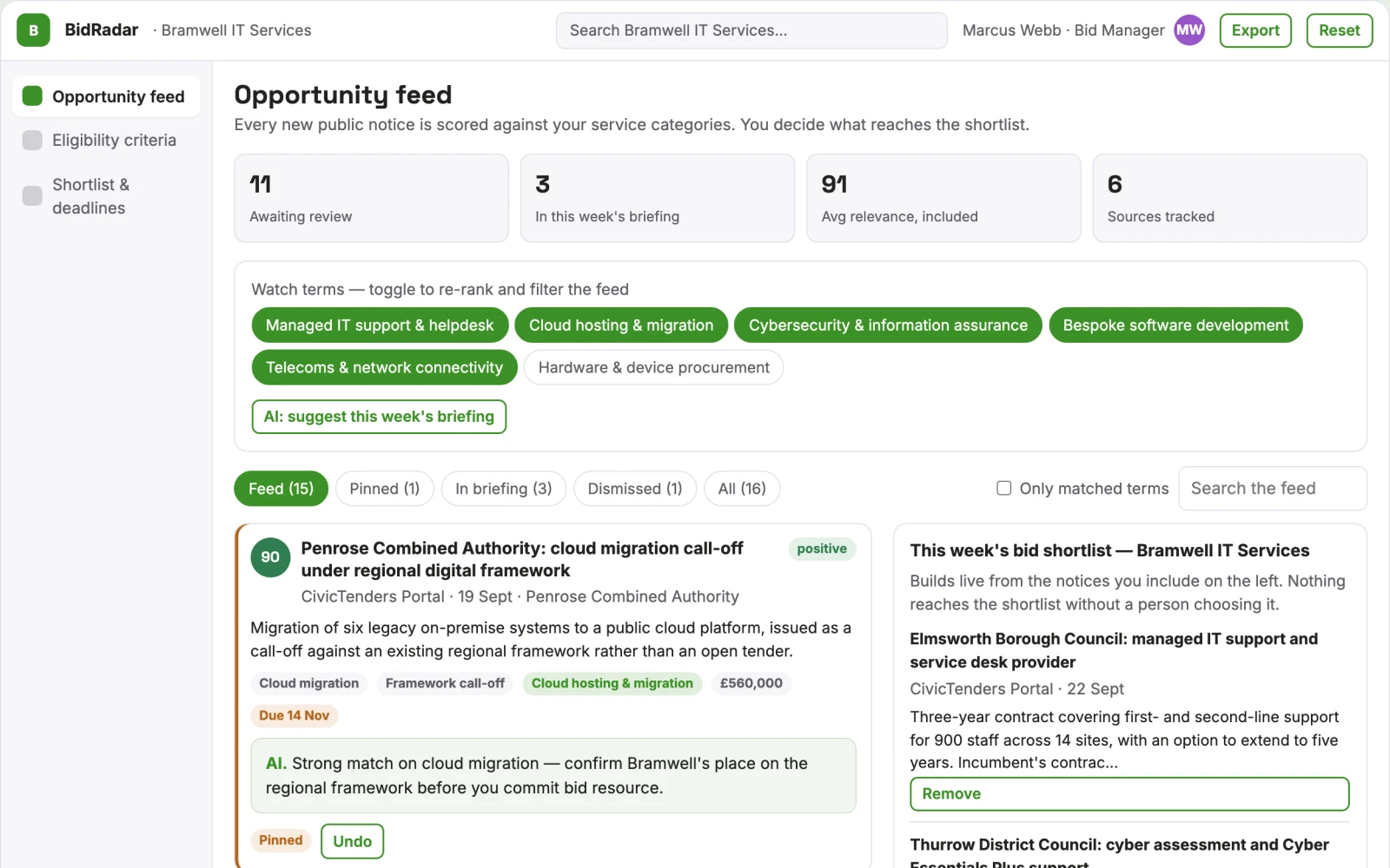 Screenshot of the Tender matching subscription interactive demo