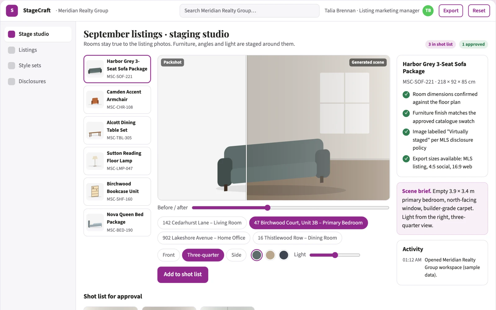Screenshot of the Virtual staging service interactive demo
